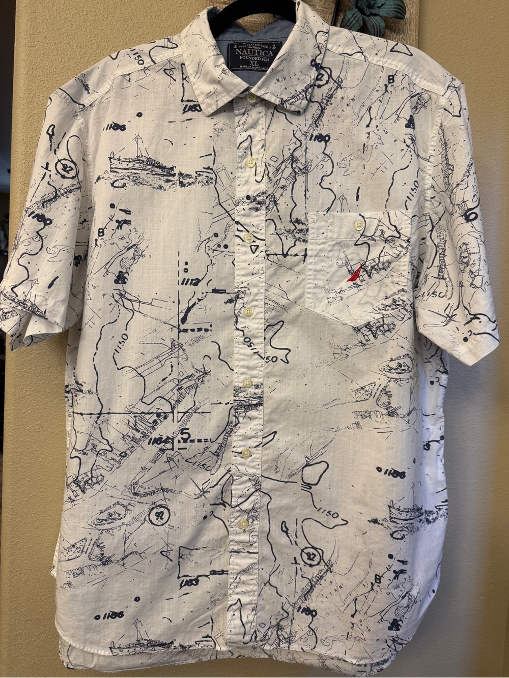 Nautica White Navy Nautical Map Print Button Up Shirt Mens XL